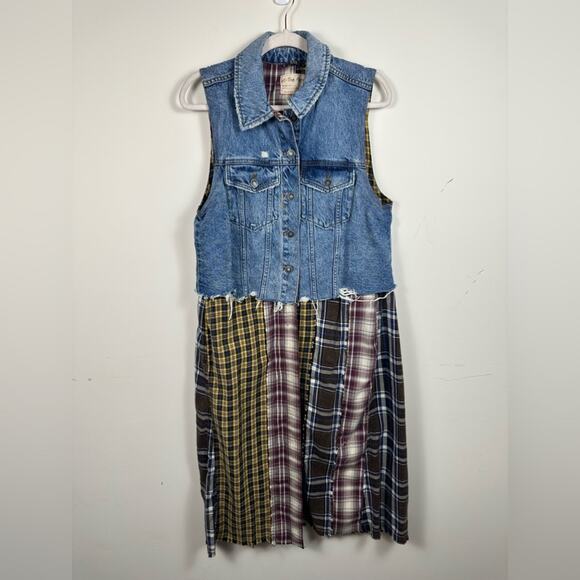 Free People Midi Dress Medium One Of A Kind Denim Mixtape Vest Plaid Front Slit - Picture 2 of 8